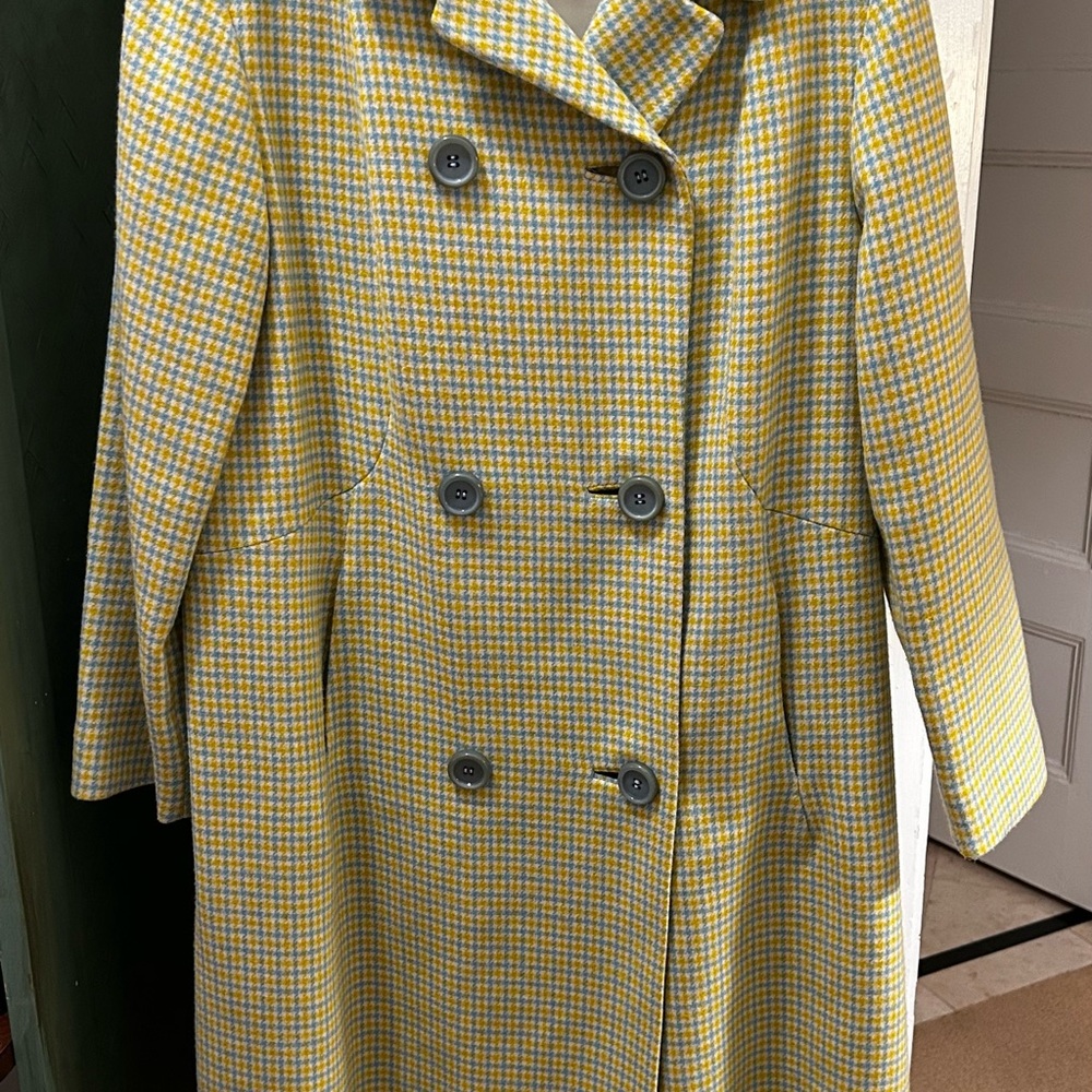 Beautiful 60’s vintage double-breasted wool coat Yellow Light Blue Windowpane